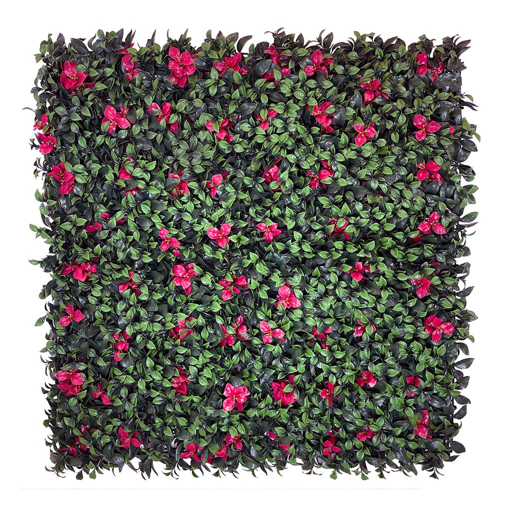 Artificial wall foliage panel with variegated green leaves and bright pink flowers