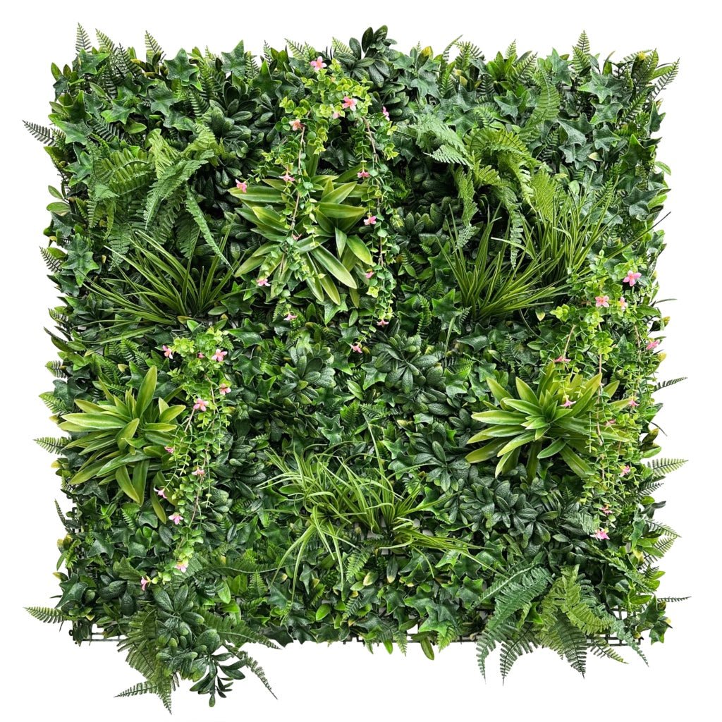 Artificial green foliage wall panel, dense square mix of leaves and ferns