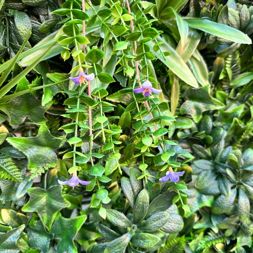 Artificial green wall foliage panel with trailing purple flowers and leafy variegation