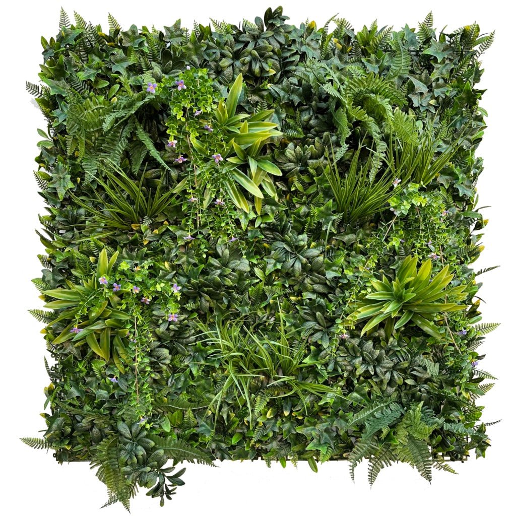 Artificial green wall foliage panel, dense mixed leaves with small purple flower accents