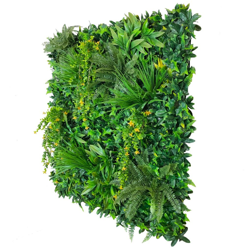 Artificial green wall panel with dense leafy texture and scattered yellow flowers