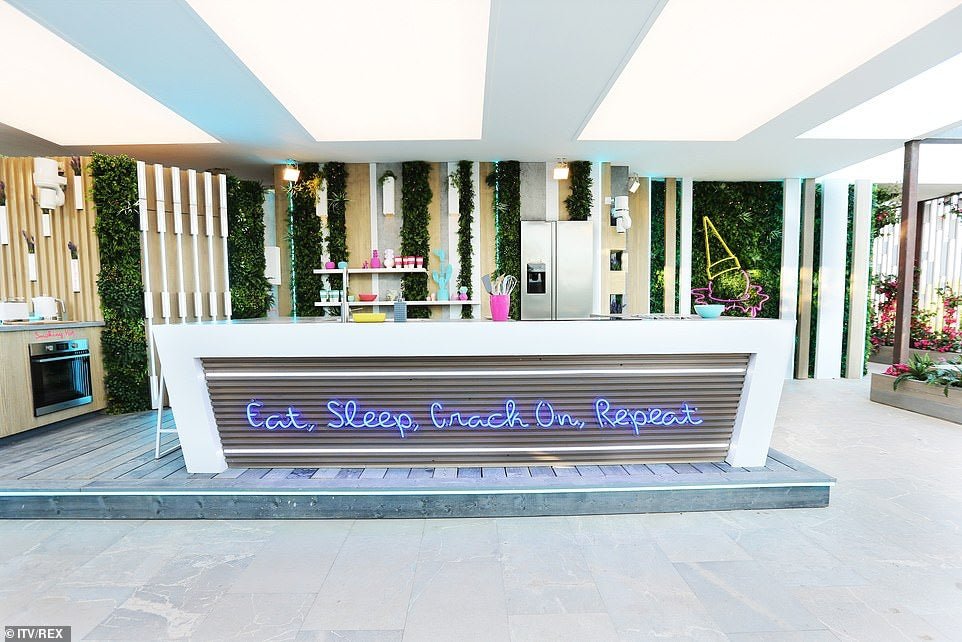 Artificial green wall panel with vertical faux greenery strips behind a counter