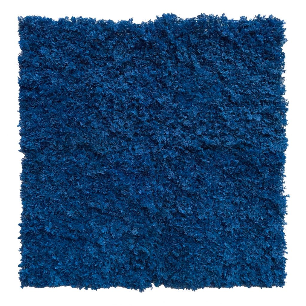 Square blue artificial reindeer moss panel with flat dense fiber surface