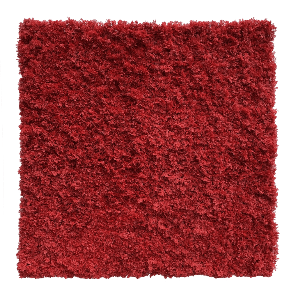 Red artificial moss panel, square 100x100cm, dense shag fibers