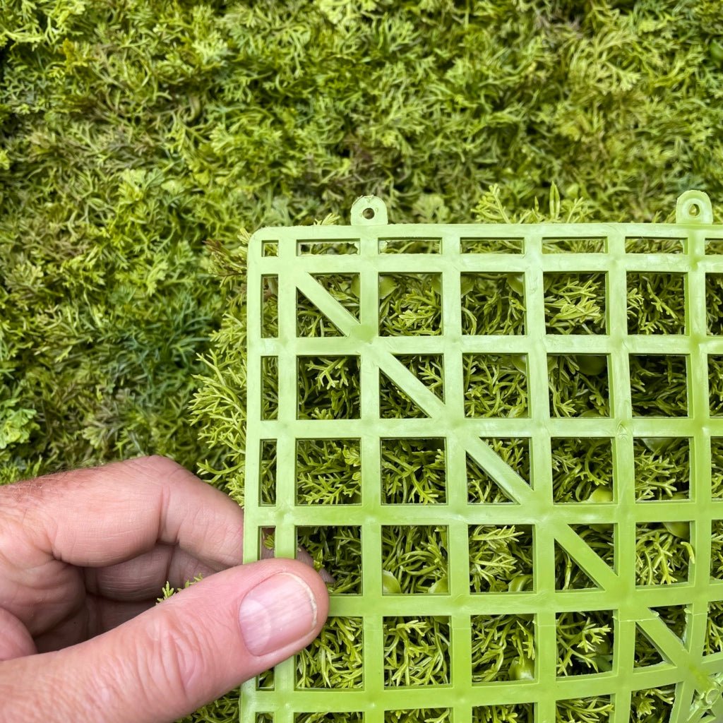 Artificial moss panel with light green backing grid, held by hand