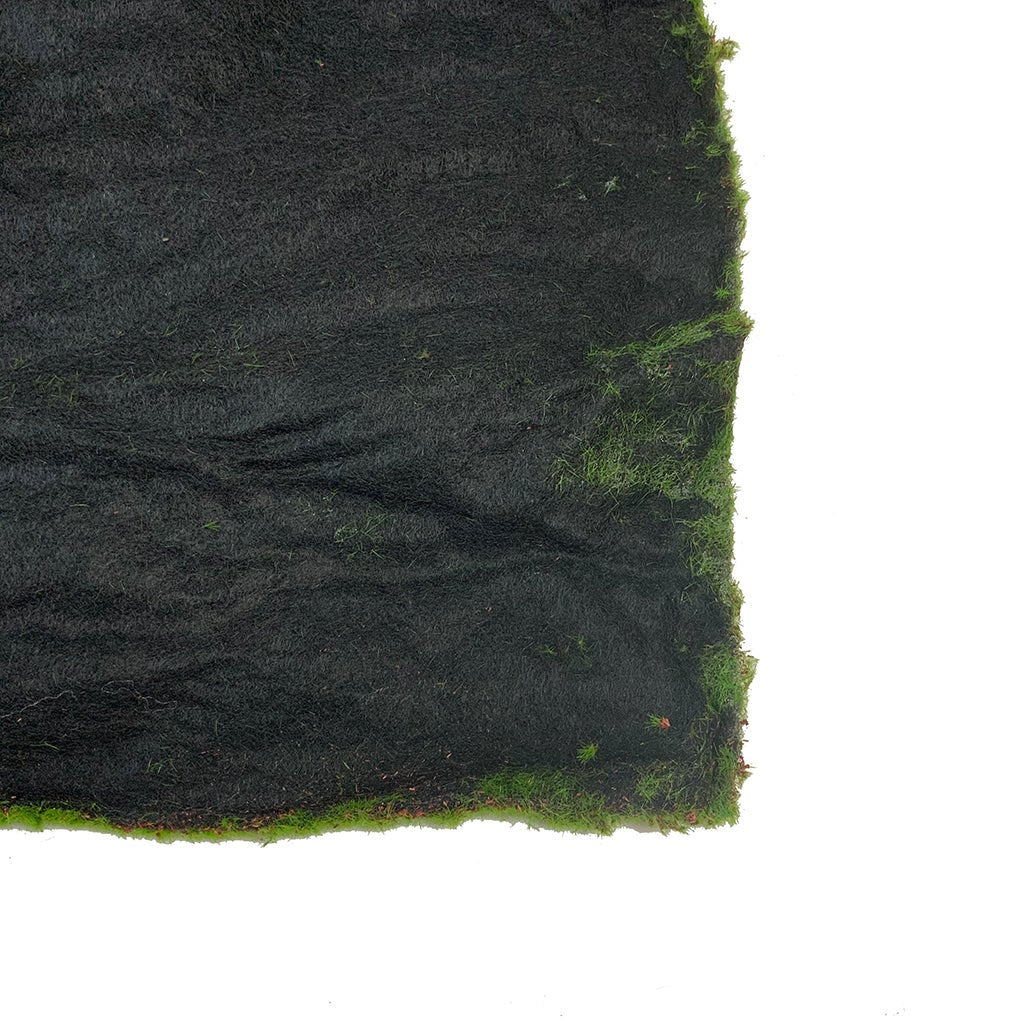 Artificial green moss panel with dark backing, matted surface and uneven texture