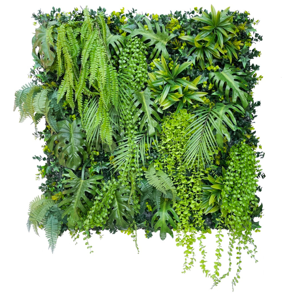 Green jungle tropical artificial 3D plant wall with lush green tropical foliage and trailing plants 100x100cm for ceiling or walls