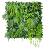Green jungle tropical artificial 3D plant wall with lush green tropical foliage and trailing plants 100x100cm for ceiling or walls