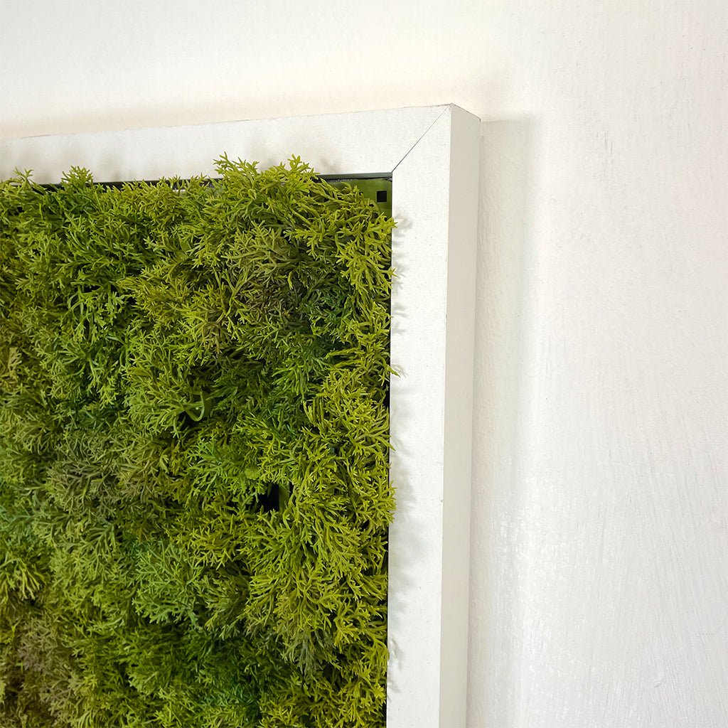 Artificial moss wall panel corner view, dense green tufts inside white frame