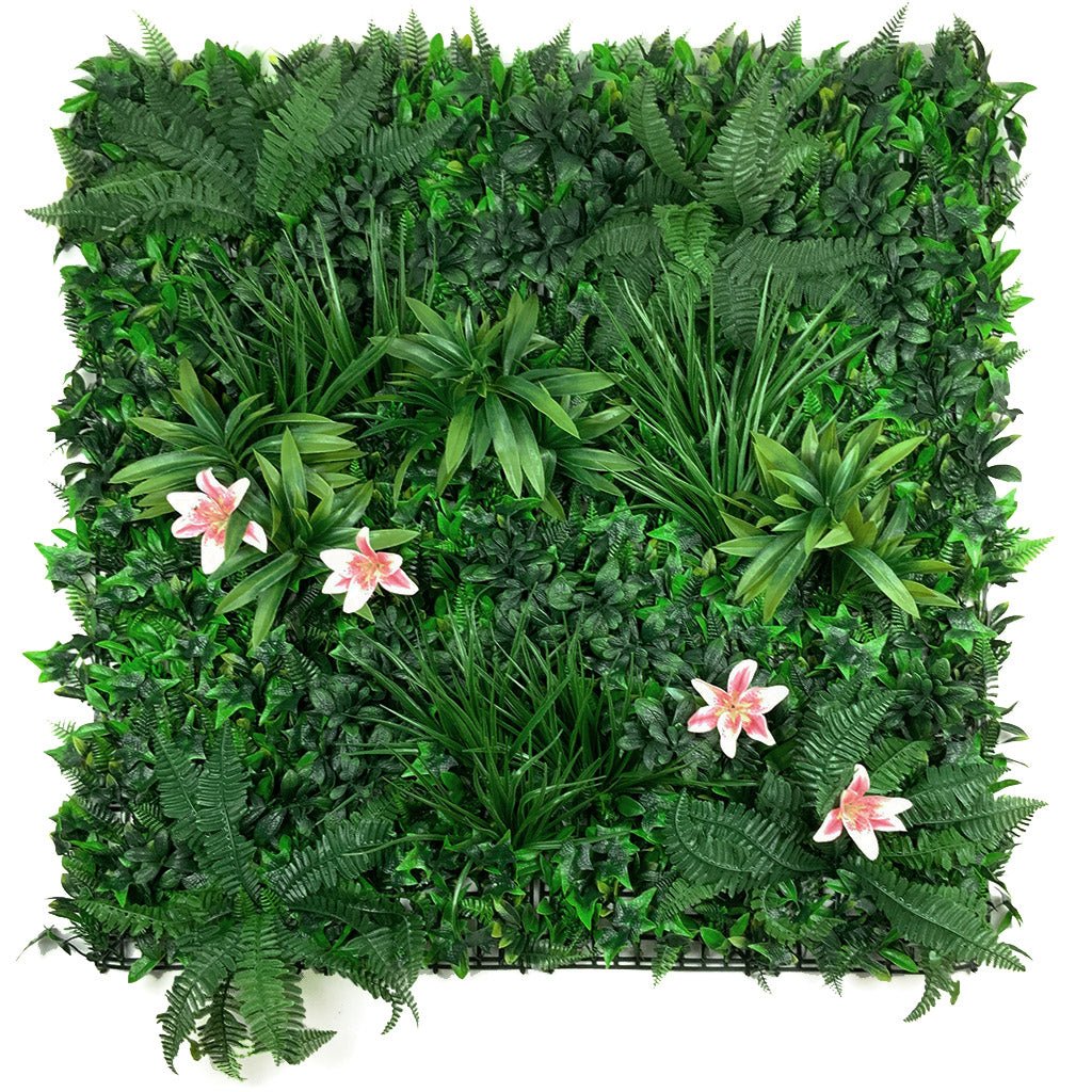 Artificial green foliage wall panel with fern leaves, shrubs, and pink tiger lily accents