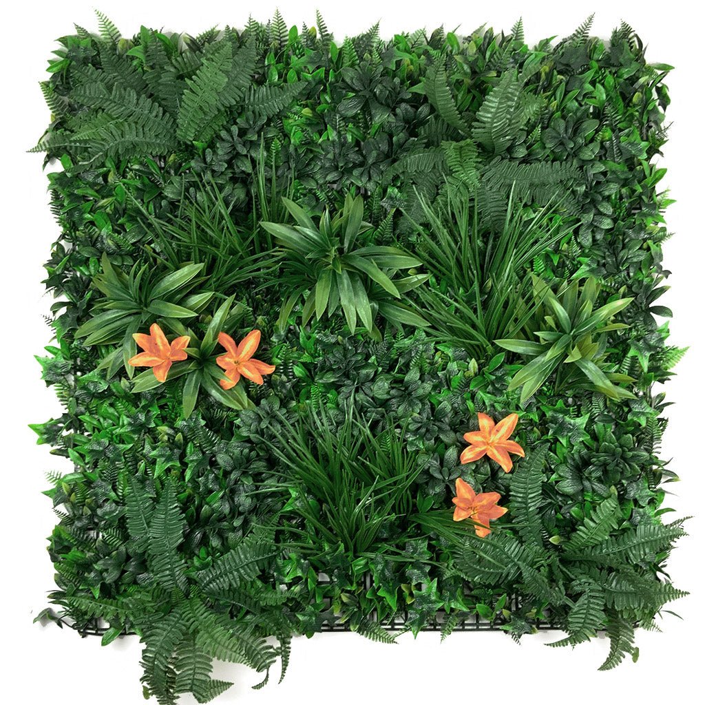 Artificial green foliage wall panel, full view with orange tiger lily accents