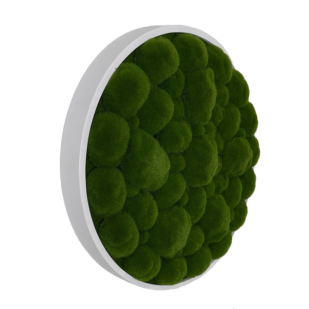 Circular moss wall art panel with white MDF frame and dense green moss surface