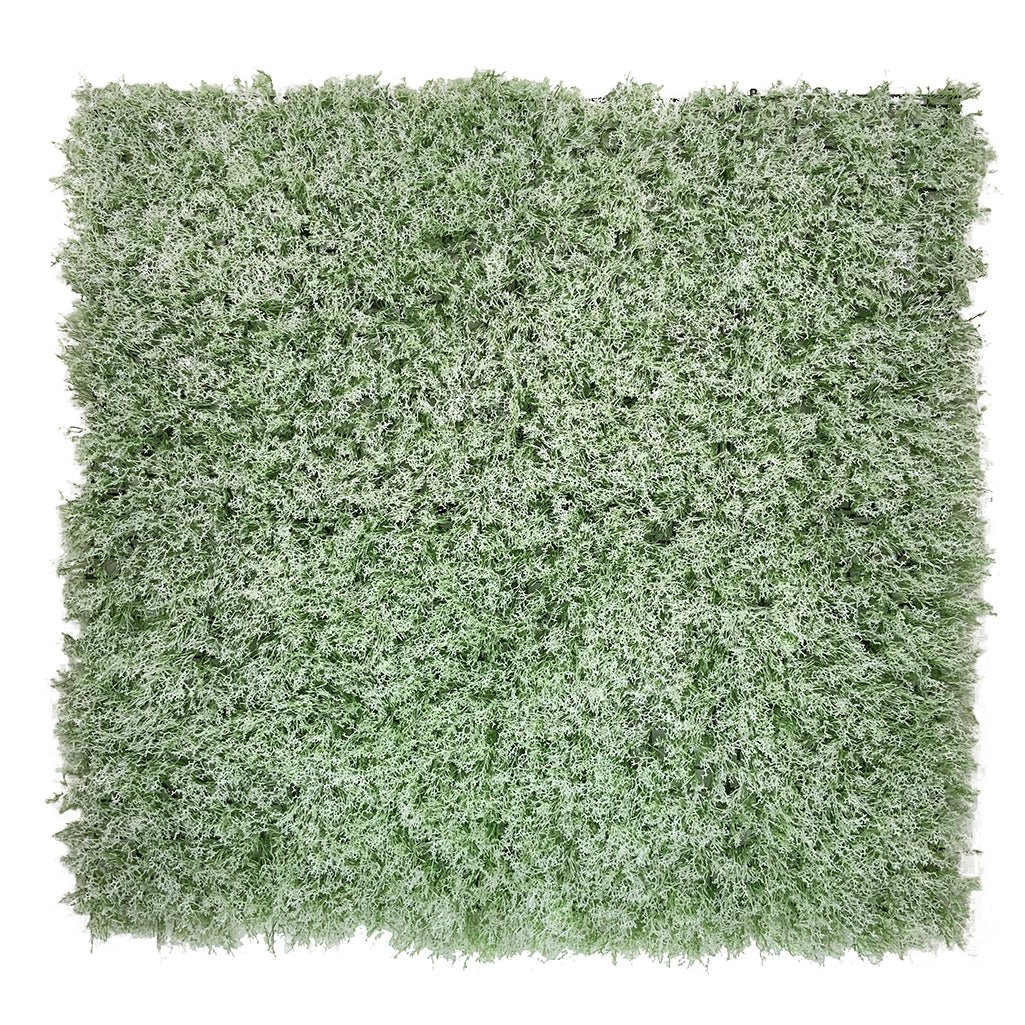 Artificial moss panel, square design with thick green and white tufted surface.