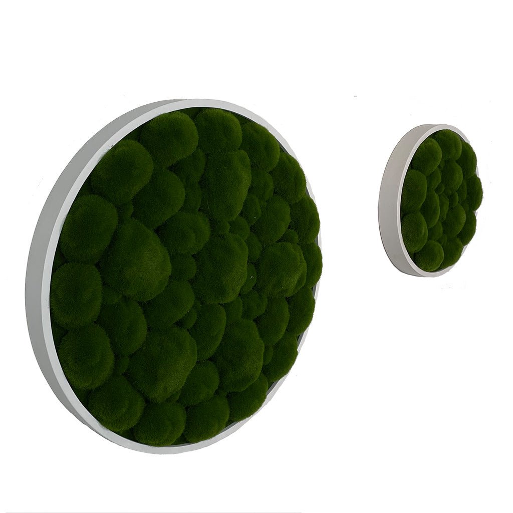 Circular artificial moss wall panel with dark green bun moss; small companion disc included