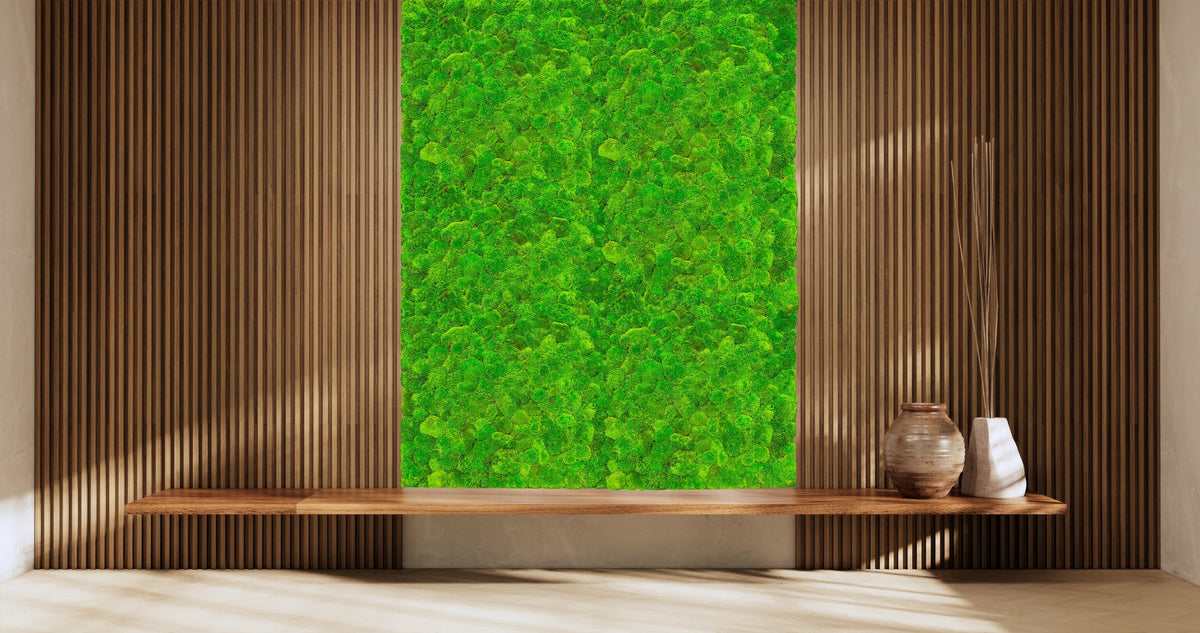 Forest green moss wall panel feature between warm wood vertical strips
