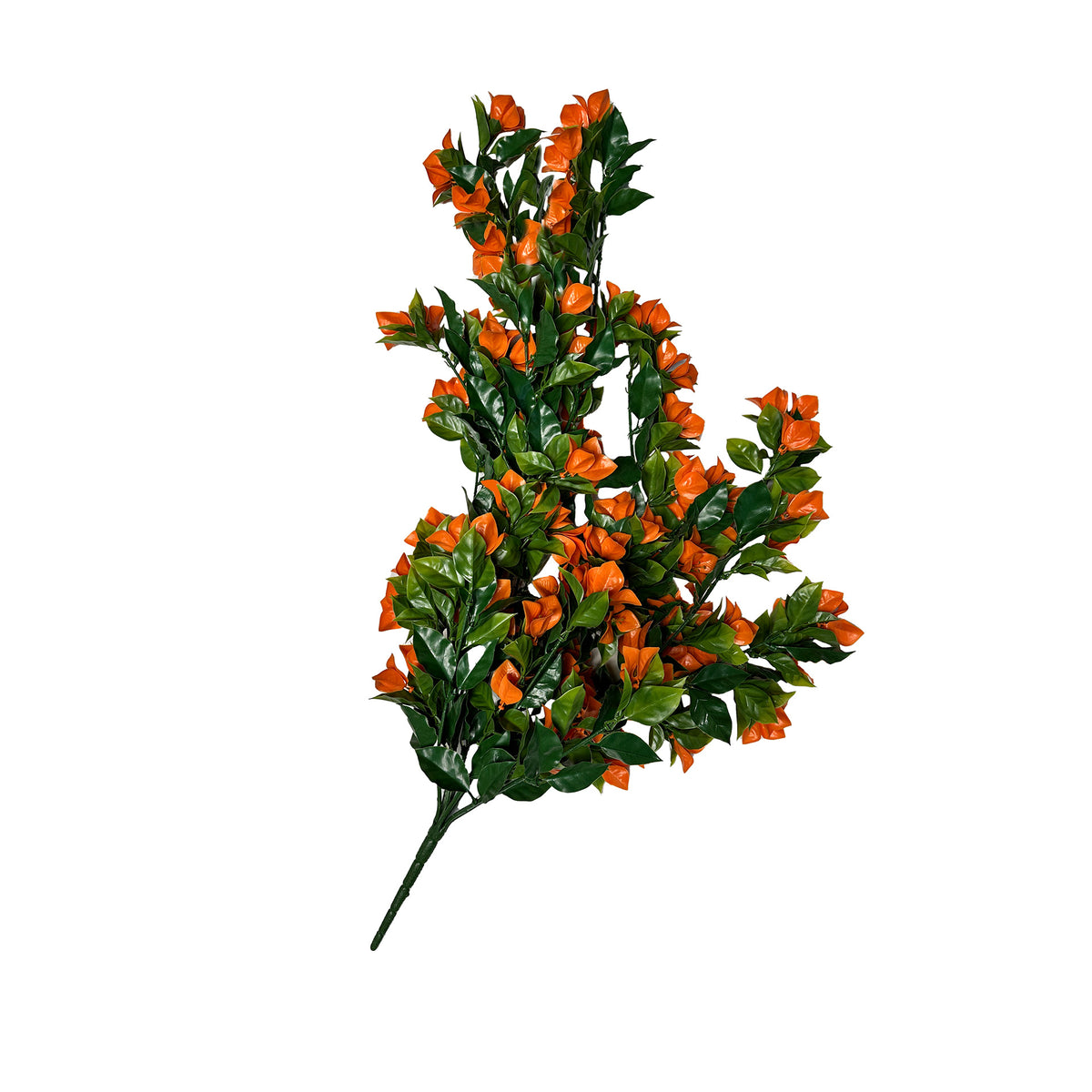 Artificial trailing orange bougainvillea plant with green leaves and orange bracts