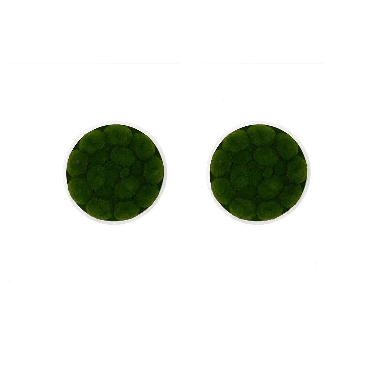 Artificial moss wall art circular frames with white MDF border, green bun moss panels