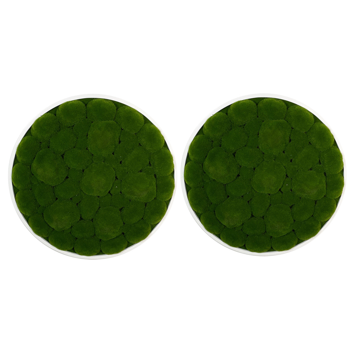 Set of two circular artificial moss wall art frames with dark green moss and white MDF border