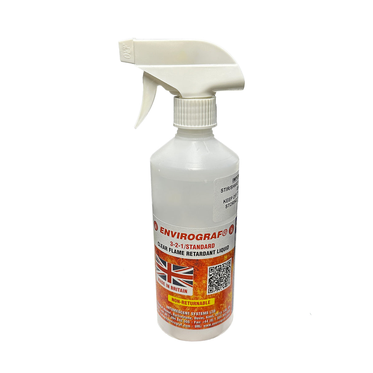 Flame retardant spray bottle with trigger nozzle, white label and cap