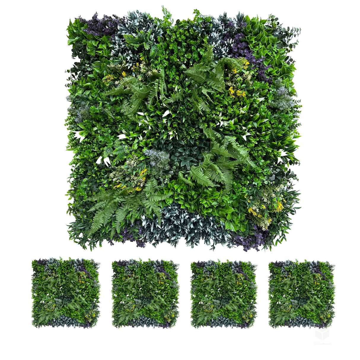 Artificial green wall 1m2 panel with mixed green, white and purple plants - 5 x 1m2 panels