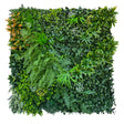 Artificial green wall panel with variegated greens of ivy, ferns, palm heads, grasses & yellow tipped privets 100x100 cm