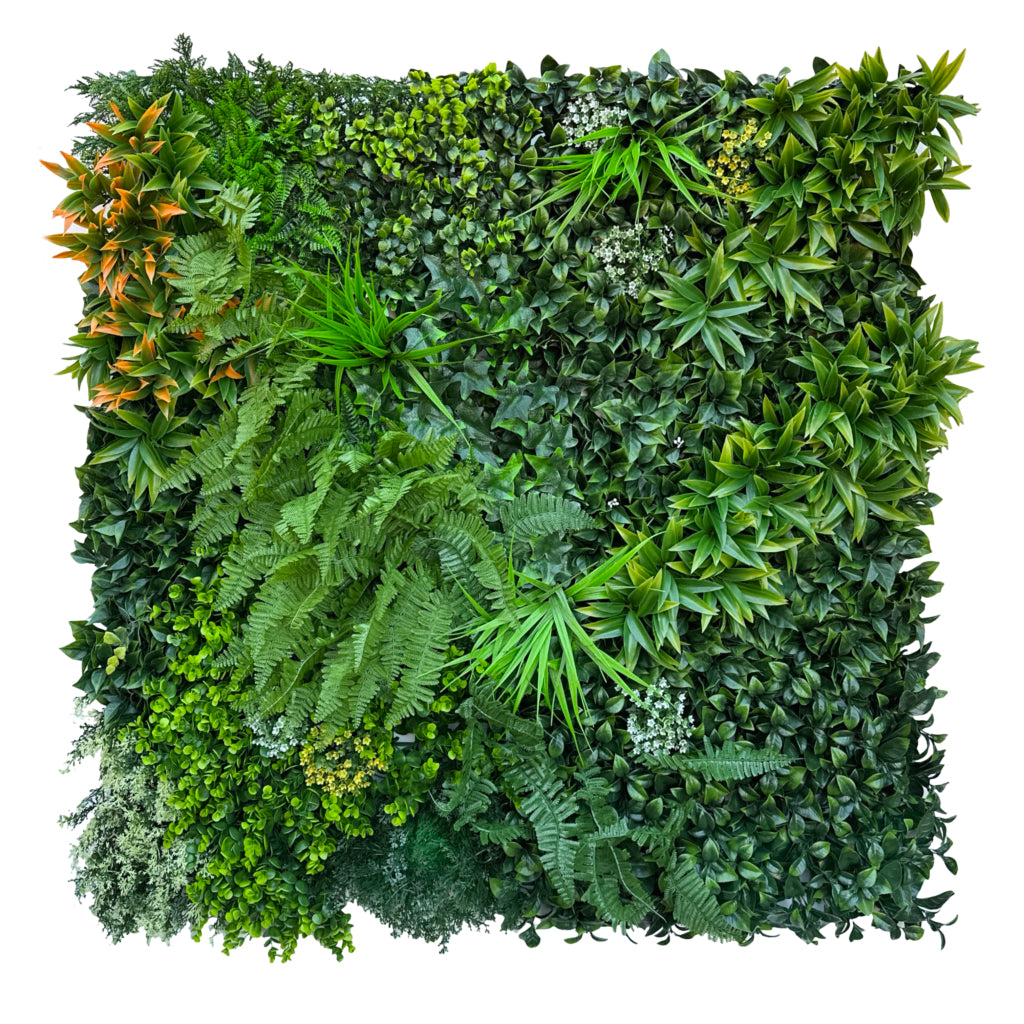 Artificial green wall panel with mixed green and orange foliage 100x100 cm