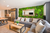 Artificial green wall panel with variegated mixed greens, palms, grasses, reds, white and yellow flowers  100x100 cm
