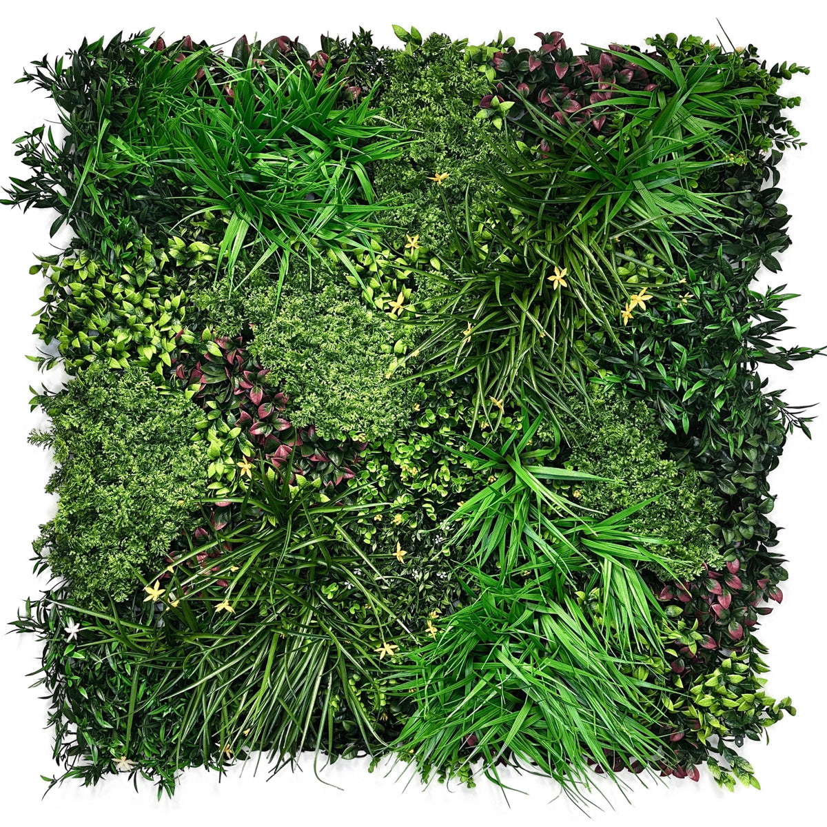 Artificial green foliage wall panel, dense mixed leaves and small flowers