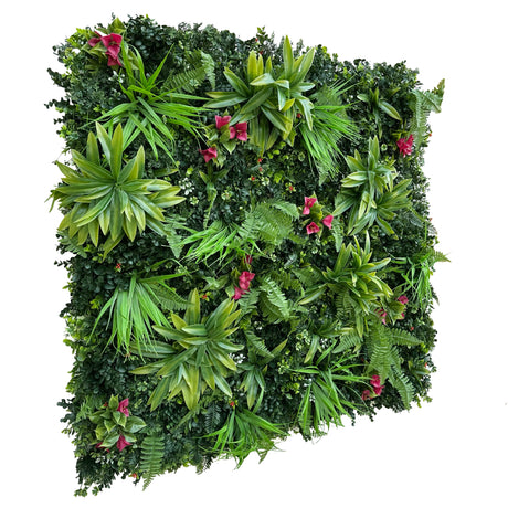 Artificial green wall panel with grasses, dracaenas and red bougainvilleas 100x100 cm side view