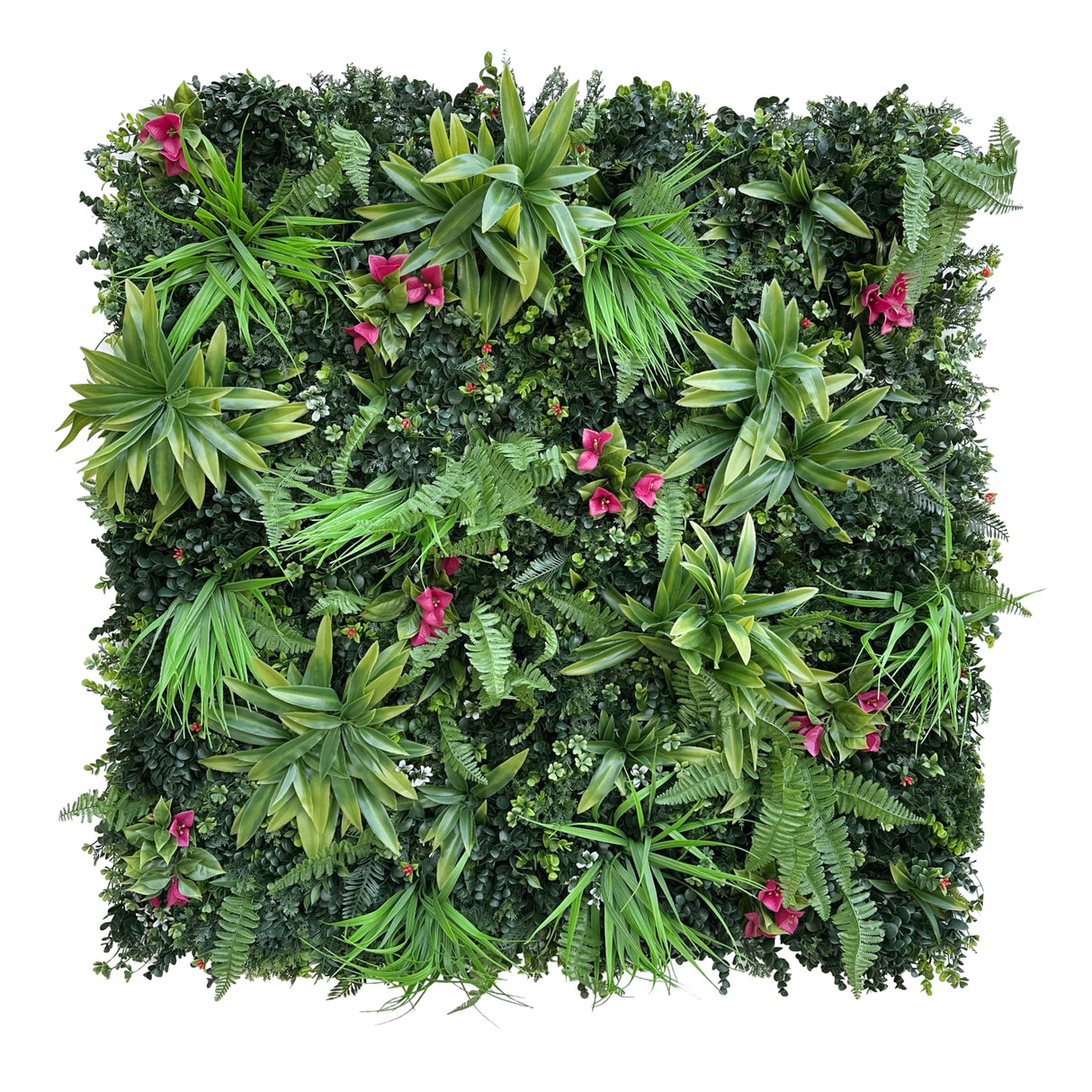 Artificial green wall panel with grasses, dracaenas and red bougainvilleas 100x100 cm