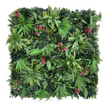 Artificial green wall panel with grasses, dracaenas and red bougainvilleas 100x100 cm