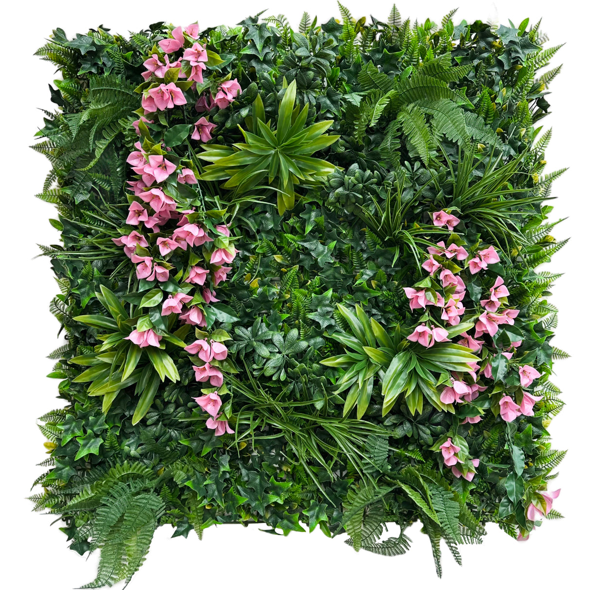 Artificial green wall panel with variegated foliage and pink trailing bougainvillea 100x100 cm