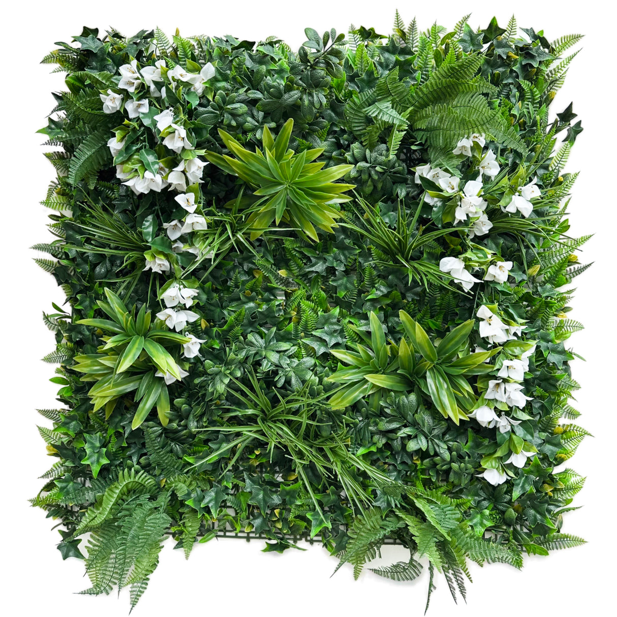 Artificial green wall panel with variegated foliage and white trailing bougainvillea 100x100 cm