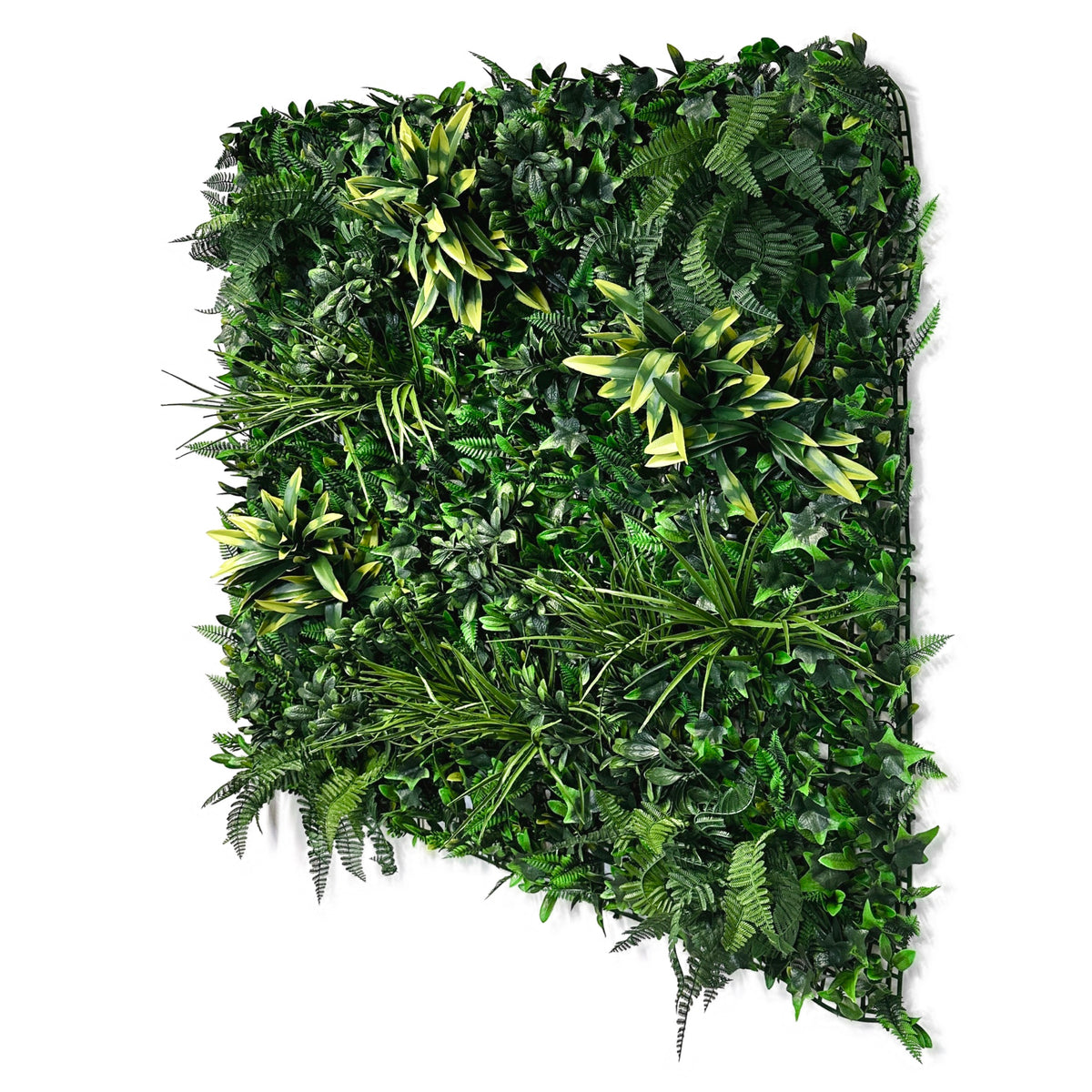 Artificial green foliage wall panel with mixed ivy, palms, grasses and ferns