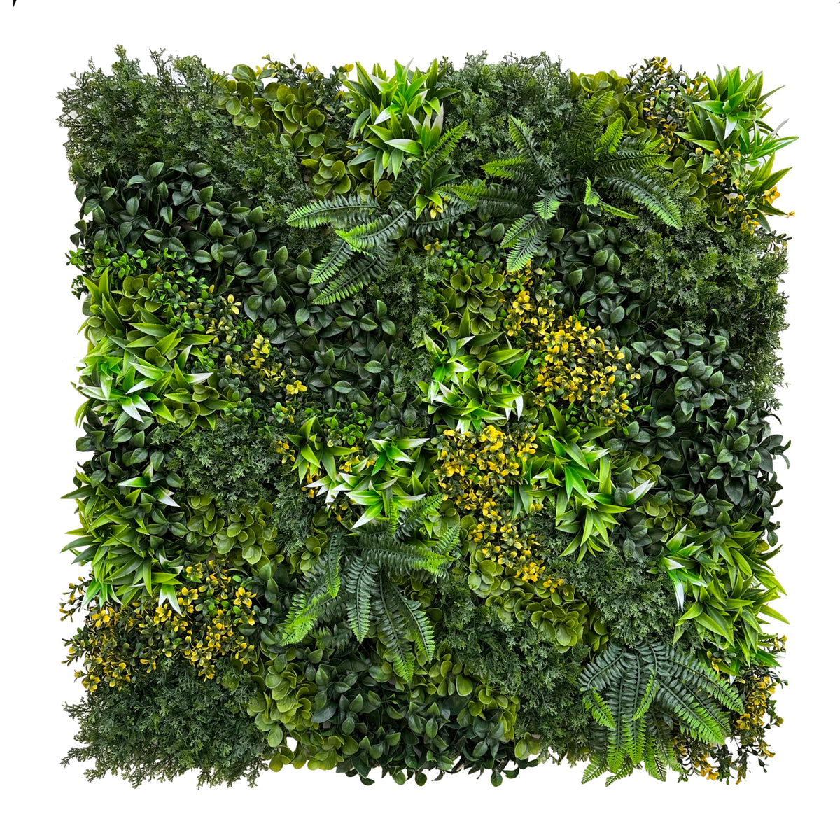 Artificial green wall panel with mixed leaf foliage, ferns, and small yellow clusters