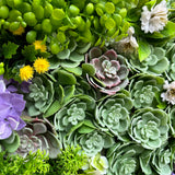 Artificial succulent green wall panel with pink and yellow flowers 100x100 cm