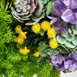 Artificial succulent green wall panel with pink and yellow flowers 100x100 cm
