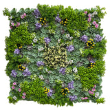 Artificial succulent green wall panel with pink and yellow flowers 100x100 cm
