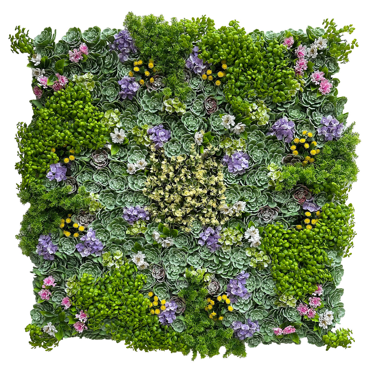 Artificial succulent wall panel with green foliage and purple, pink, yellow flowers