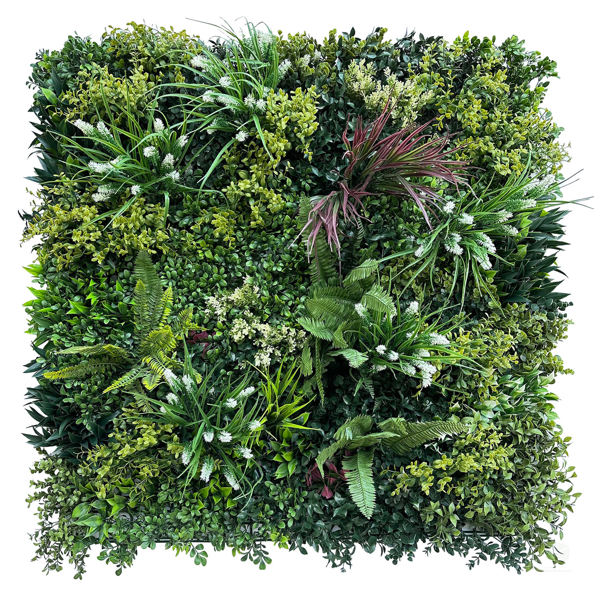 Artificial green wall 1m2 panel with mixed green foliage with yellow and white flowers