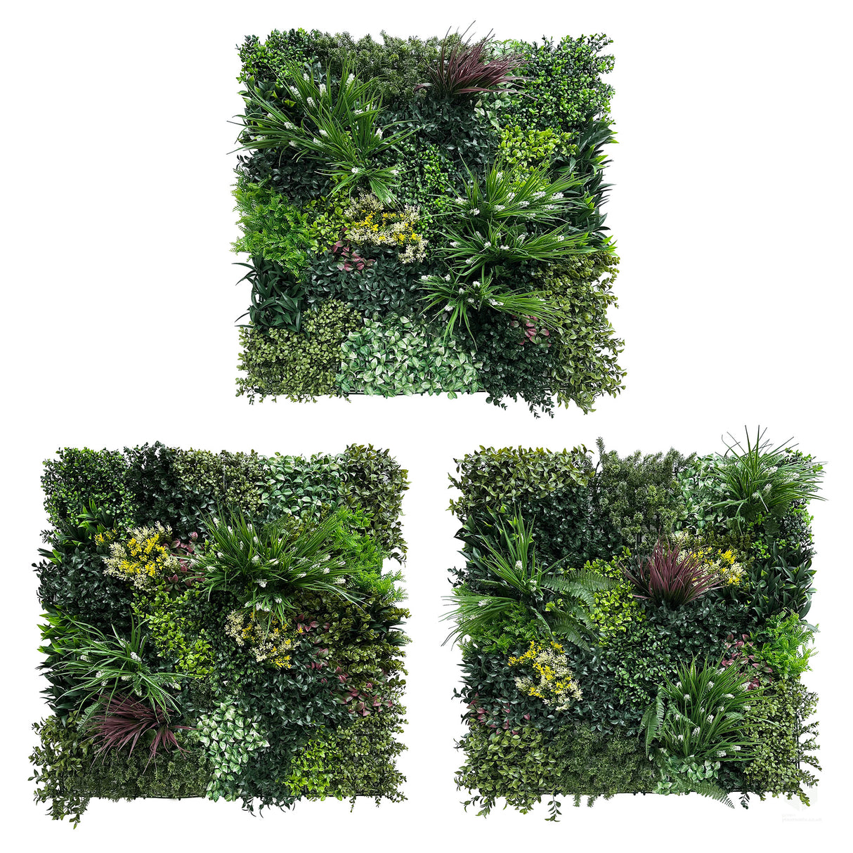 Combo of 3 x 1m2 artificial green wall panels with variegated mixed green red white yellow foliage