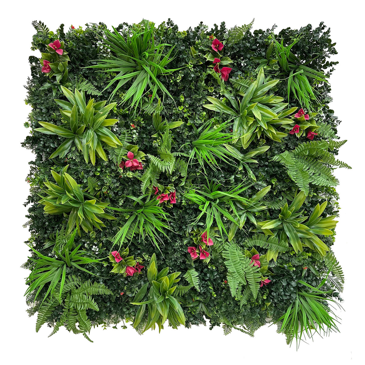 Artificial green wall foliage panel with fern fronds and red bougainvillea accents