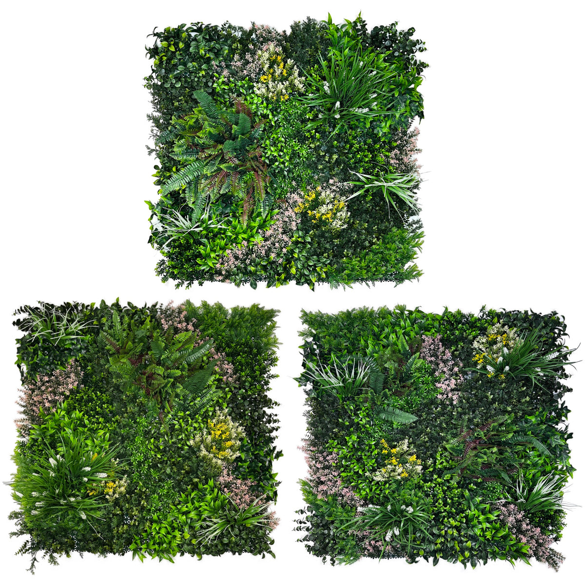 3-piece artificial foliage wall panel set, mixed green leaves with white and yellow blooms