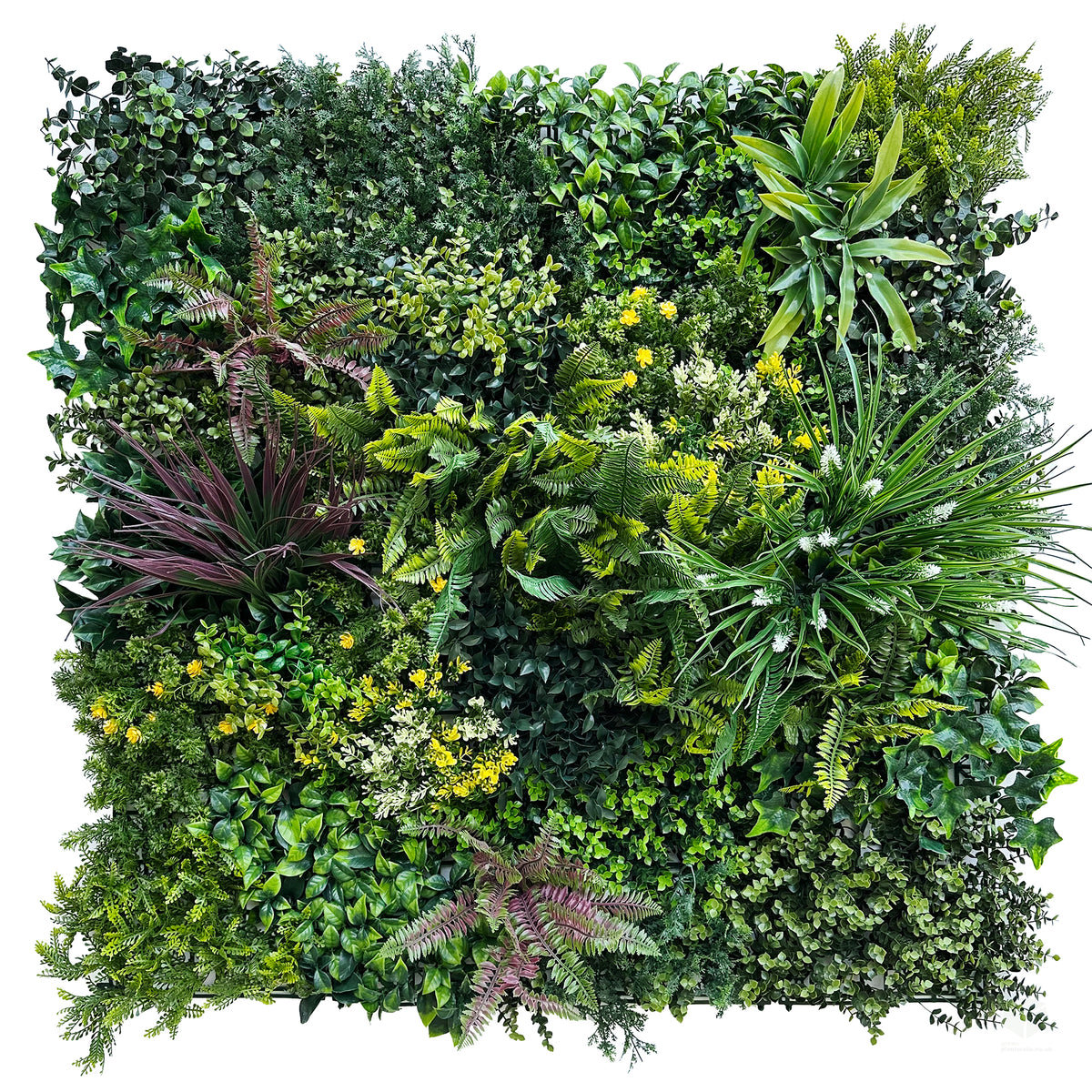 Artificial green wall panel with mixed leafy foliage and small yellow blooms