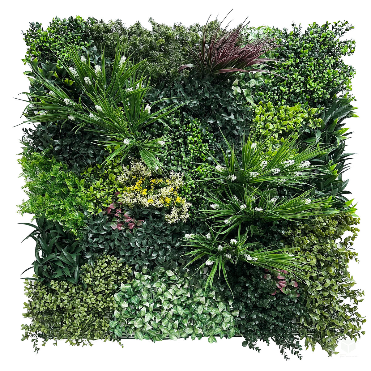 Artificial green wall foliage panel with mixed variegated leaves, spiky plants, and small purple accents