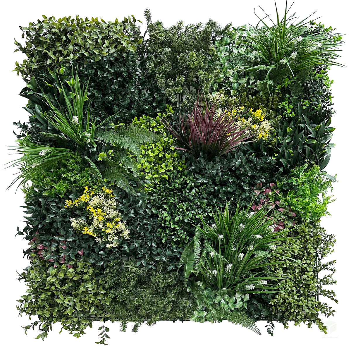 Artificial green wall panel with dense variegated foliage in greens, yellow, and purple