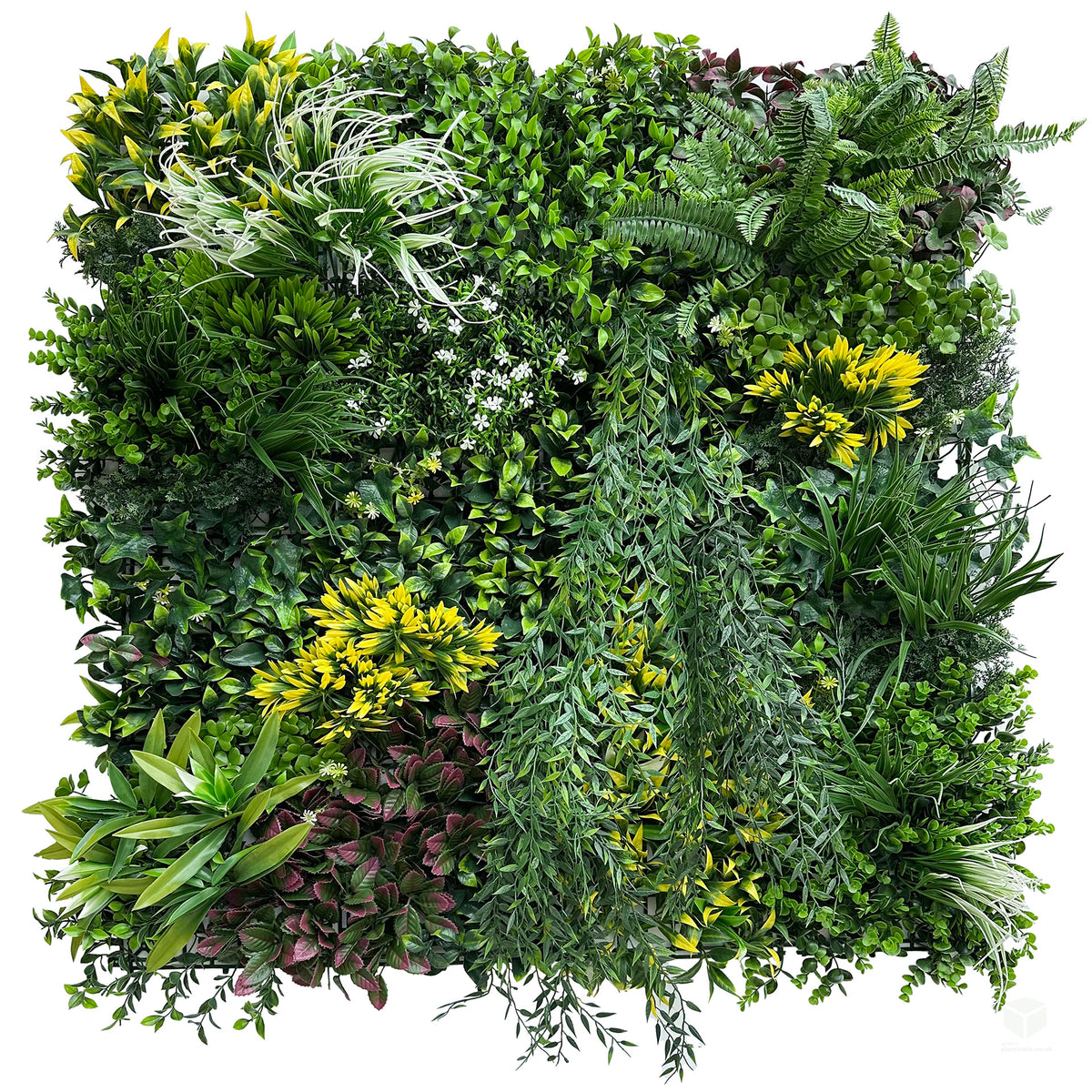 Artificial green foliage wall panel with dense mixed leaves and small yellow flowers