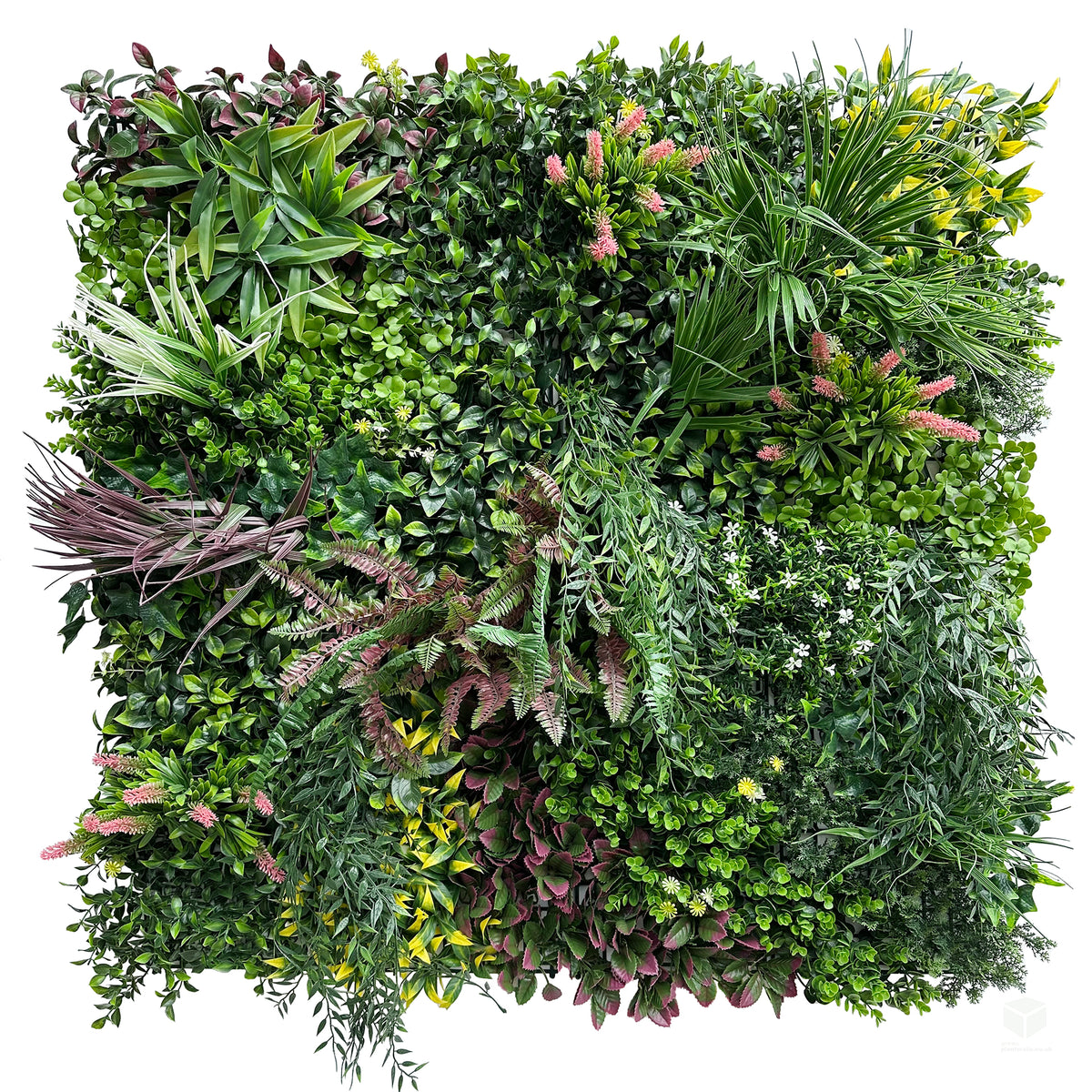 Artificial foliage wall panel with variegated green leaves and flowers