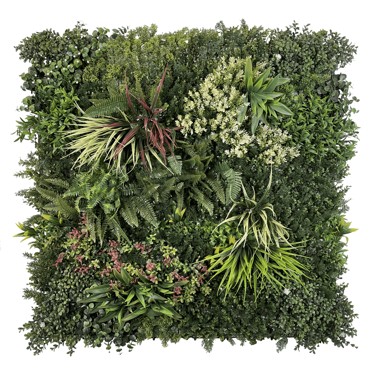 Artificial green wall panel with dense foliage, spiky leaves, and pale cream blooms