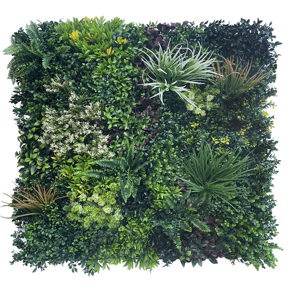 Artificial green foliage wall panel with mixed green, red, and white leaves, 100x100 cm